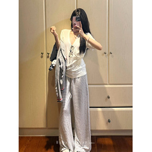 暴走高仙女175高个子条纹休闲裤子女春秋慵懒宽松直筒拖地阔腿裤