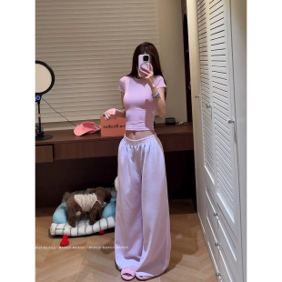 女春夏阔腿拖地裤 暴走高仙女175高个子加长180慵懒粉色休闲裤 卫裤