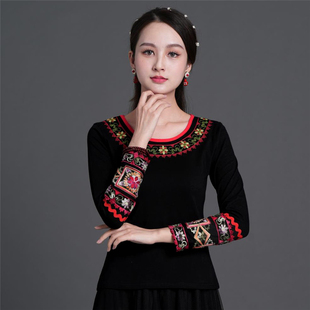 民族风女装绣花棉长袖t恤上衣修身显瘦春夏秋装女士中国风圆领女T