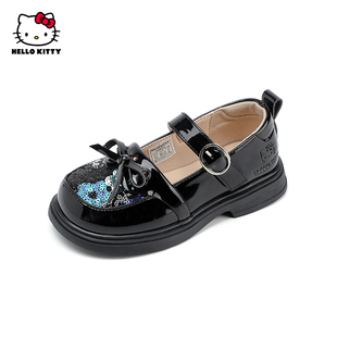 凯蒂猫女童皮鞋春秋季蝴蝶结舞蹈演出公主鞋女孩黑色儿童休闲单鞋
