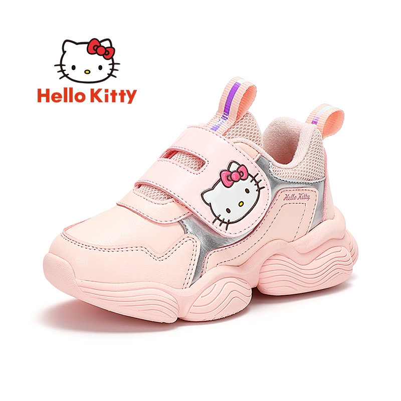 凯蒂猫女童运动鞋加绒秋冬季儿童皮面防水保暖二棉鞋休闲宝宝白色