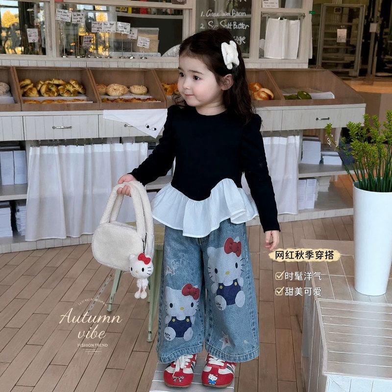 女童裤子春秋洋气韩版宽松阔腿牛仔裤26新款儿童卡通印花休闲长裤
