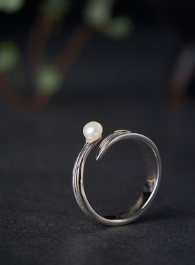 时尚新中式简约个性同款指环春雨夏叶水珠戒指高雅文艺女汉服配饰