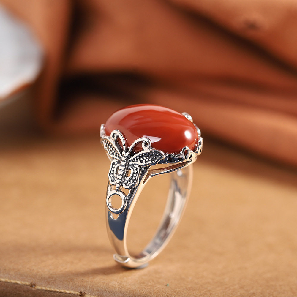 新中式国风红豆蝴蝶戒指复古文艺女生个性百搭开口指环高级感设计