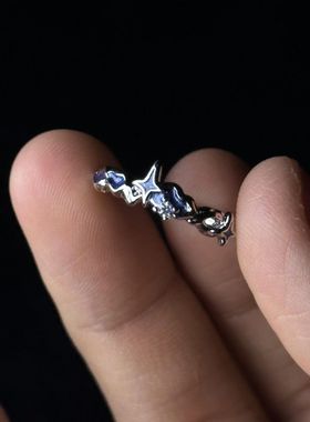 新款四芒星戒指女简约高级感烧蓝珐琅彩滴胶开口指环星星银河手饰