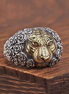 复古新金色老虎戒指嘻哈霸气国风生肖男士学生虎年单身食指环饰品