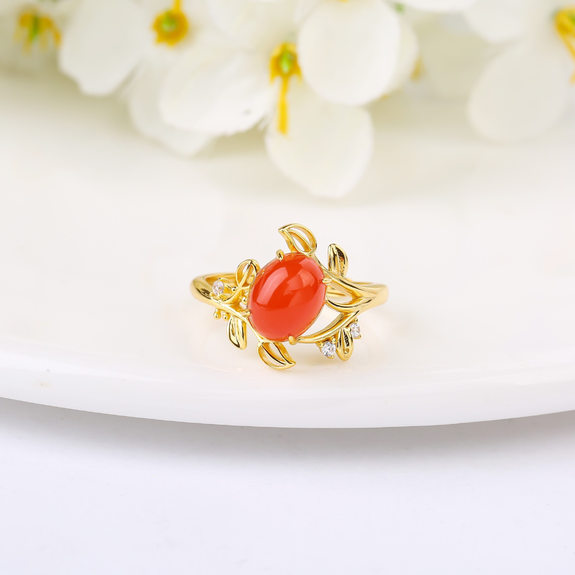 新中式国潮轻奢树枝红豆戒指简约时尚女文艺气质开口指环百搭手饰