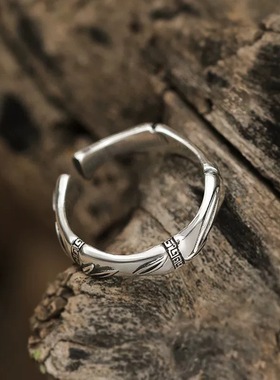 新款复古竹节戒指男生潮流百搭高级感开口指环长城纹自律个性设计