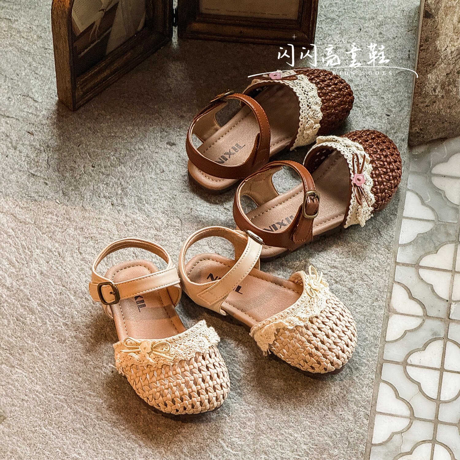 女童包头凉鞋2026夏季新款韩版时尚女孩蕾丝编织公主甜美凉鞋舒适