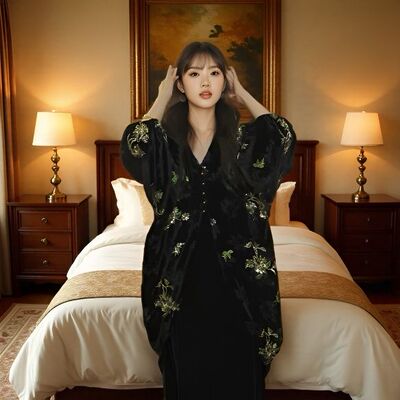三吉同款【锦上花】新中式国风丝绒烂花连衣裙子秋季巨好看的长裙