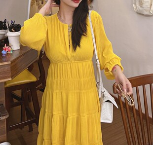 WXL 定染压皱重工长袖连衣裙2022秋季新款高级感法式长裙