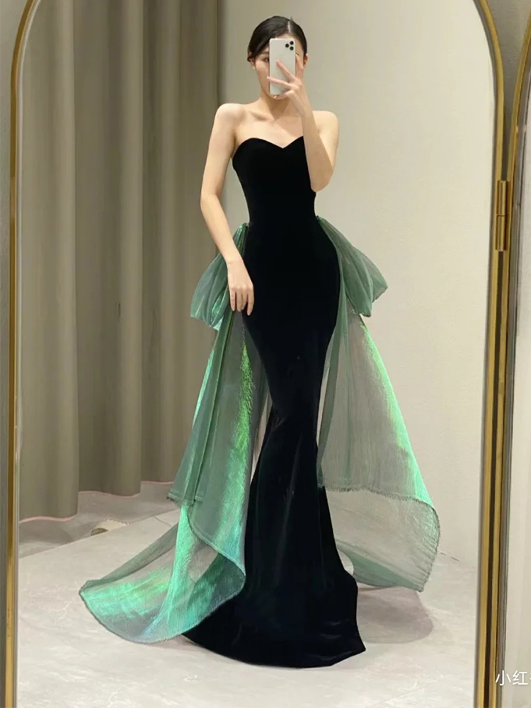 Black velvet tube top, advanced long evening dress, 