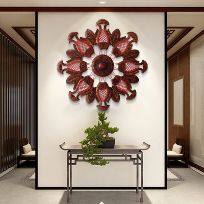 圆形墙面装饰品福字木雕壁饰鱼形客厅背景墙壁挂新居墙饰墙上挂件