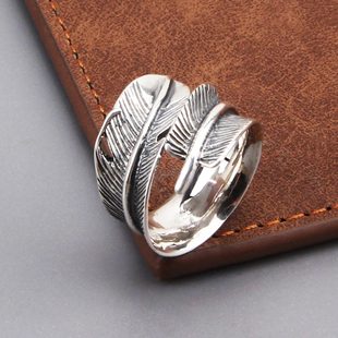 s925纯银饰高桥双层羽毛宽版开口戒指女个性复古潮流百搭日系指环