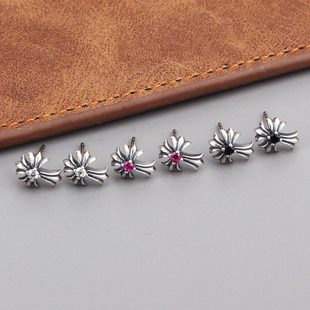 S925纯银镶钻十字架耳钉男女同款 复古小巧简约唯美情侣耳饰送女友