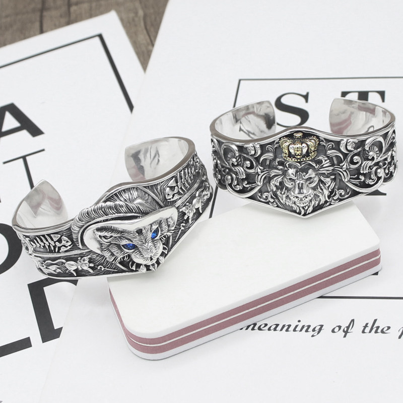 s925纯银霸气潮男灵猫狮子王手镯 个性创意宽版开口手环礼物 国潮