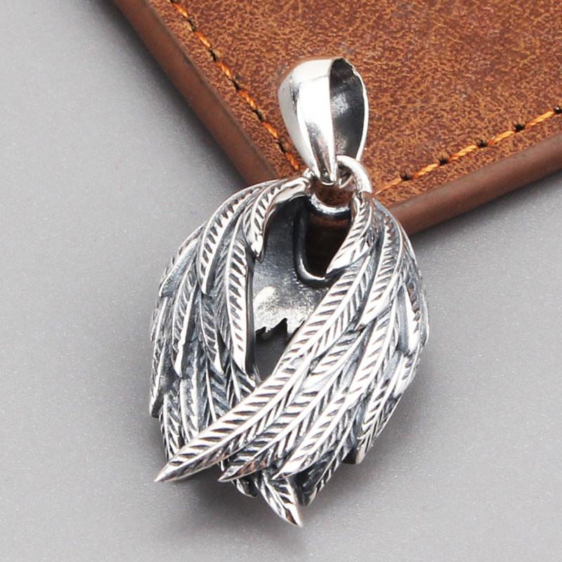 s925纯银饰欧美复古朋克风天使翅膀羽毛吊坠个性潮流嘻哈男女项坠