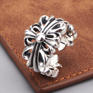 s925纯银饰十字花开口戒指男女复古个性 欧美霸气朋克风情侣食指环