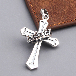 s925纯银复古皇冠十字架吊坠男女个性 潮人百搭嘻哈欧美朋克风项坠