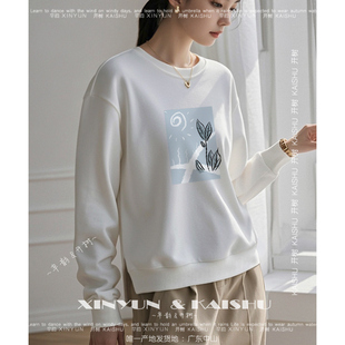 纯棉开叉圆领卫衣女士宽松下摆不收口白色春季薄款上衣加绒打底衫