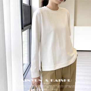 圆领休闲下摆开叉 初秋宽松大码 高级正肩长袖 T恤女白色内搭打底衫