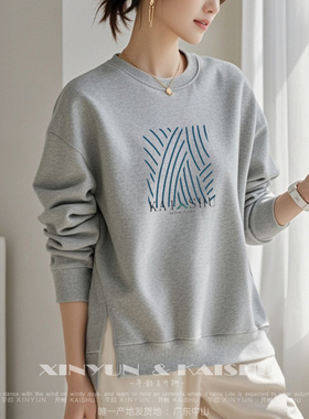 高级感圆领卫衣女纯棉春秋加绒长袖休闲套头秋季无帽宽松下摆开叉