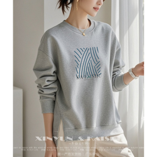 高级感圆领卫衣女纯棉春秋加绒长袖 无帽宽松下摆开叉 休闲套头秋季