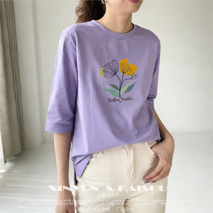 七分袖t恤女2025新款下摆开叉宽松上衣夏薄款体恤打底衫时尚洋气