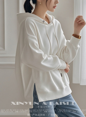 秋季新款连帽开叉卫衣女下摆宽松薄款棉不收口长袖套头休闲帽衫
