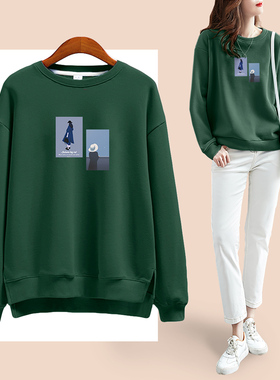 100%纯棉圆领卫衣女加绒套头宽松春秋薄款墨绿色下摆开叉内搭长袖
