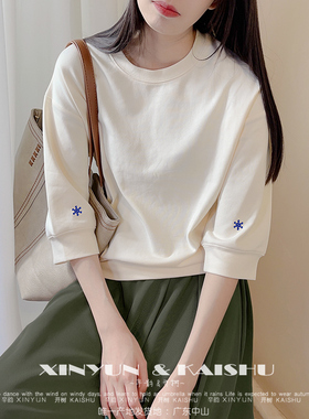 小众五分袖t恤女套头半袖上衣宽松小个子短款中袖体恤设计感卫衣