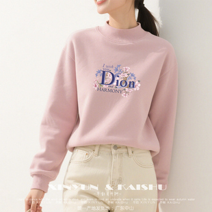 宽松妈妈中领上衣加绒秋冬 薄款 纯棉半高领卫衣女春季 全棉打底衫