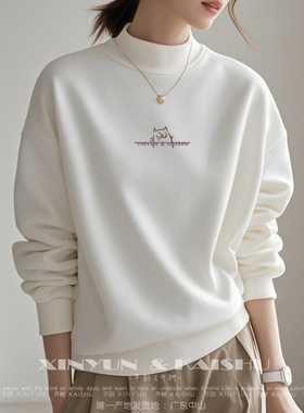 洋气减龄半高领卫衣女士纯棉宽松打底衫内搭加绒春秋季白色百搭