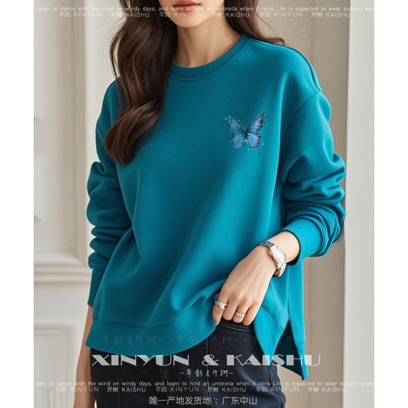 轻奢圆领卫衣女纯棉长袖宽松开叉套头打底衫秋季薄款套头冬季加绒