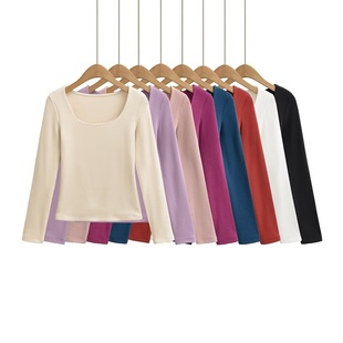 长袖 秋冬显瘦百搭纯色打底衫 上衣 内搭 弹力贴身基础款 U型领修身