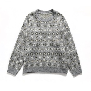 秋冬休闲百搭保暖针织衫 复古花纹上衣 圆领宽松长袖 提花针织毛衣