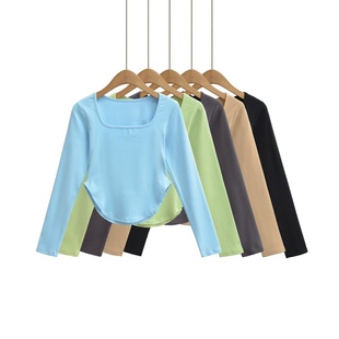 纯欲风内搭外穿打底衫 ins方领长袖 弹力弧形下摆上衣 修身 连体衣