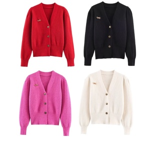 领针织开衫 复古甜酷秋冬百搭短款 泡泡袖 饰毛衣 外套 金属扣装