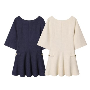 气质通勤名媛风短裙 圆领收腰荷叶边裙 小香风粗花呢连衣裙 中袖