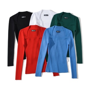 修身 打底衫 长袖 复古显瘦百搭基础款 弹力内搭 方领坑条针织上衣