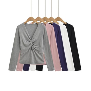 上衣 温柔风通勤百搭打底衫 修身 内搭 显瘦基础款 V领扭结设计长袖