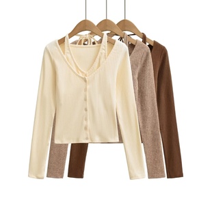 单排扣修身 领针织衫 长袖 上衣 坑条挂脖 温柔纯欲风内搭打底衫