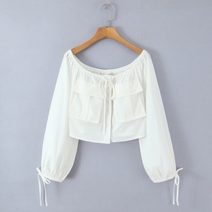抽绳收腰短款 两件套 上衣 工装 法式 口袋短裤 白色一字肩灯笼袖