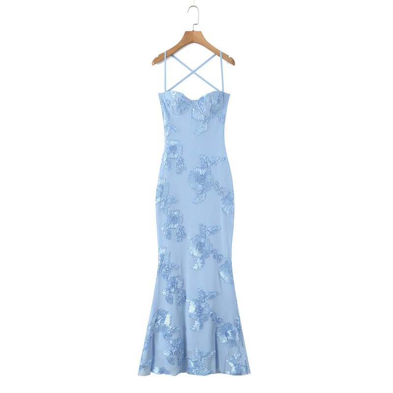 立体提花交叉吊带连衣裙 修身鱼尾长裙 优雅气质晚宴派对礼服裙
