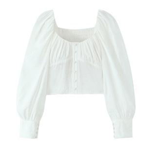 短款 后背松紧泡泡袖 百搭上衣 小众复古宫廷风白色方领衬衫 法式