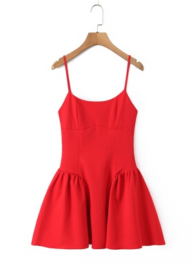 红色吊带收腰连衣裙 修身显瘦A字短裙 气质性感约会派对小礼服裙