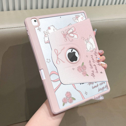 日本DEMIU【720°旋转】适用于ipadpro保护套ipad9/10三折2024蝴蝶结小羊第九代十air6/5/4带笔槽漏标亚克力