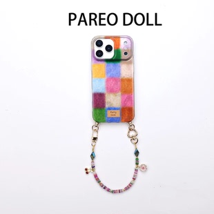 日本DEMIU彩色格子手提链条算盘串珠苹果17promax斜跨长链挂绳16pro手机壳高档拼接iphone15保护套14