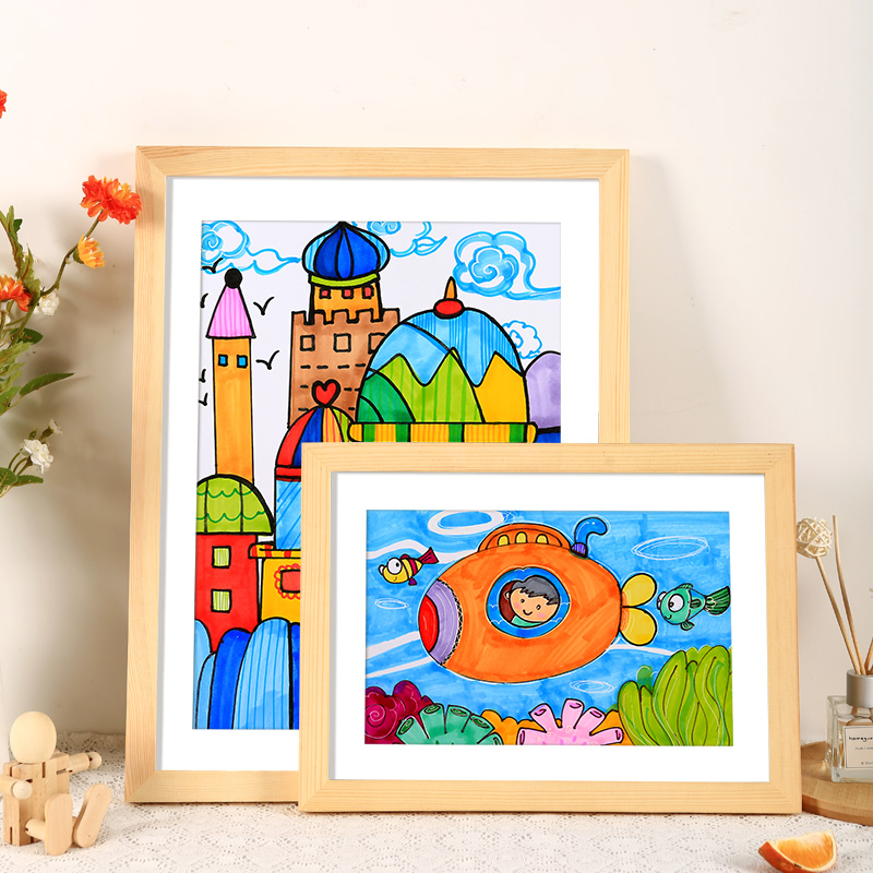 实木画框装裱儿童画相框挂墙12寸16拼图框架4k开8k水彩油画展示框