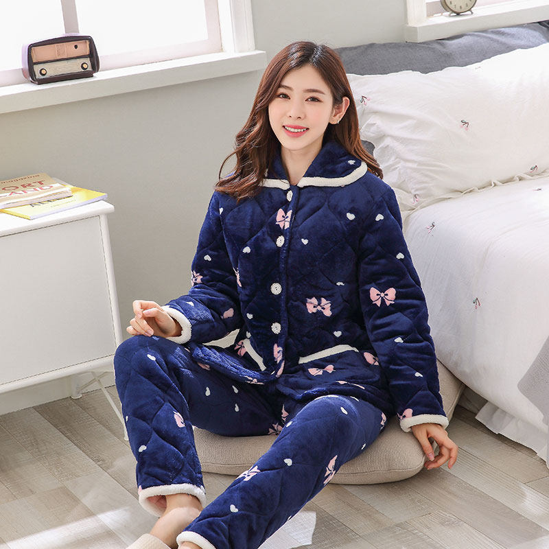 睡衣女冬季三层加厚珊瑚绒法兰绒夹棉冬天甜美可爱韩版棉袄家居服